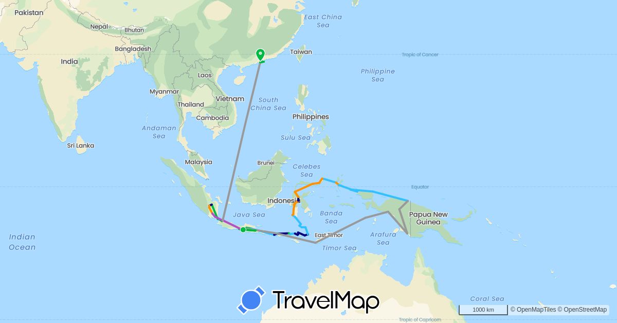 TravelMap itinerary: driving, bus, plane, train, boat, hitchhiking in China, Indonesia (Asia)